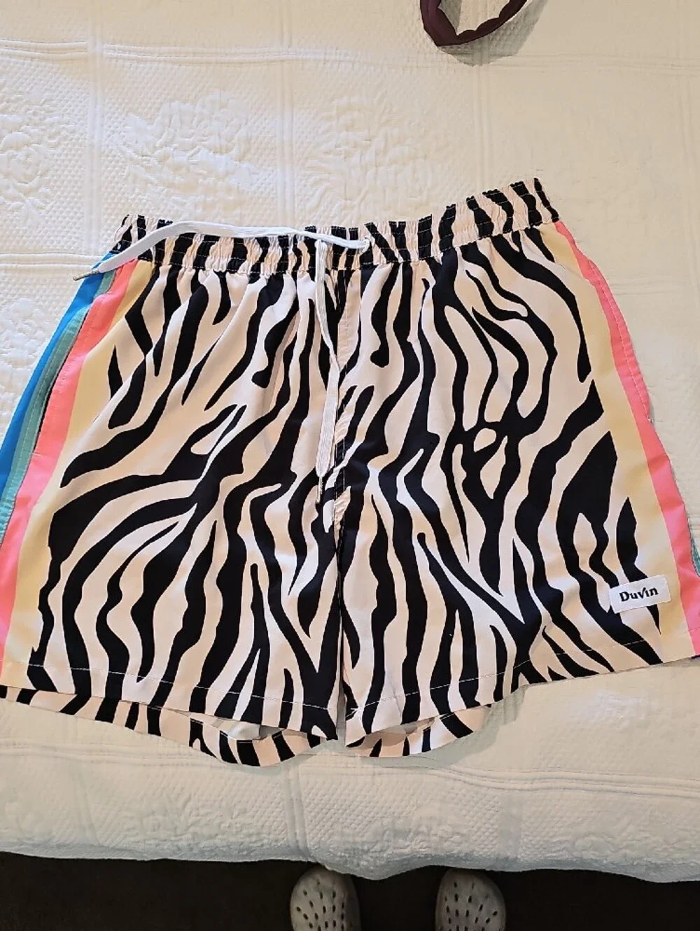 Men's Zebra Print Swim Trunks with Color Stripe Accent - Black & White